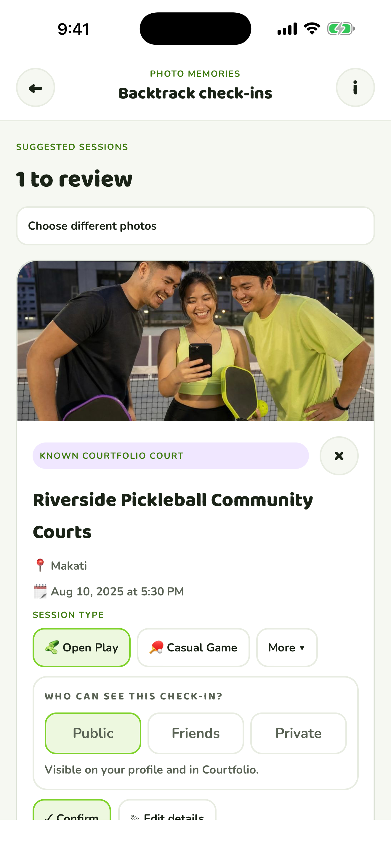 Courtfolio backtrack check-ins screen with a suggested session from a photo