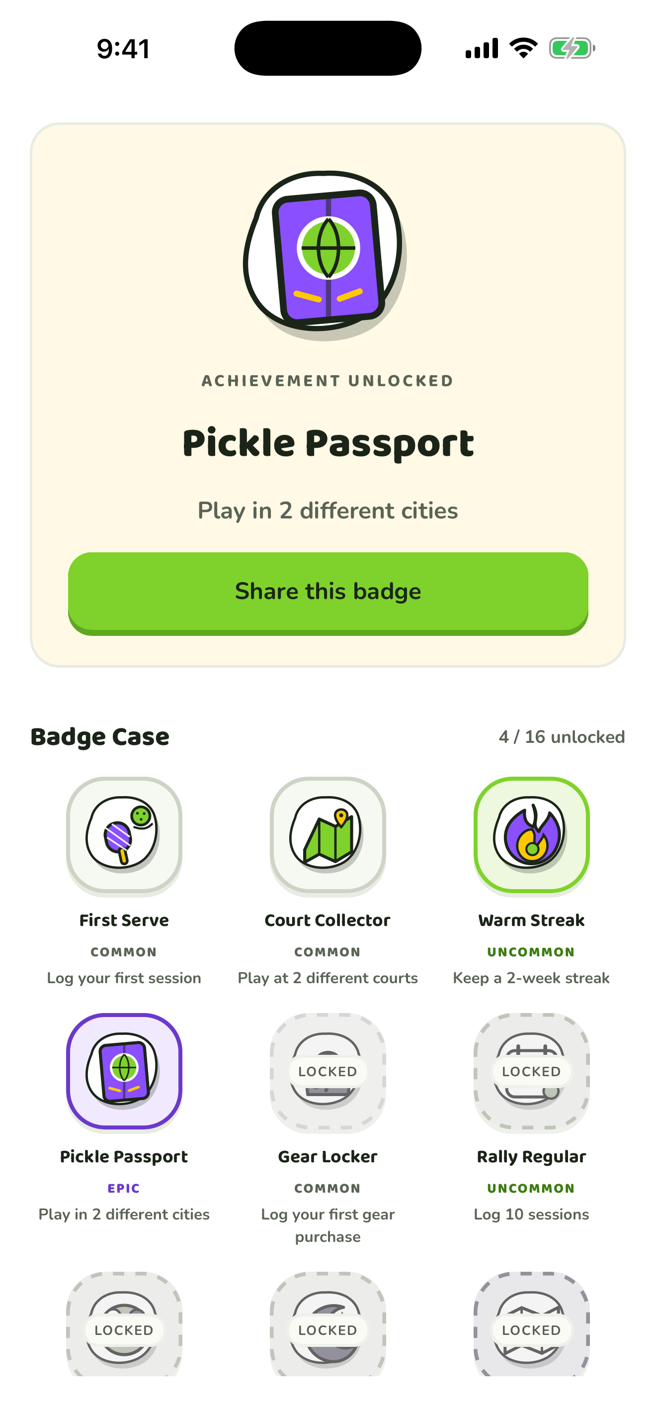 Courtfolio unlocked Pickle Passport achievement and badge case