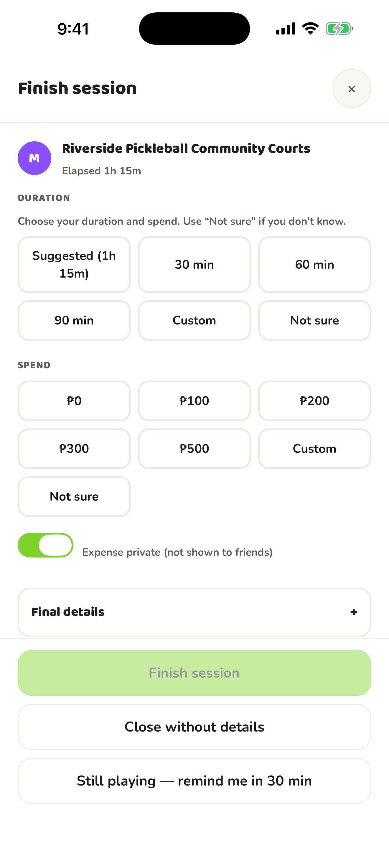 Courtfolio iPhone finish-session screen with duration and spend options