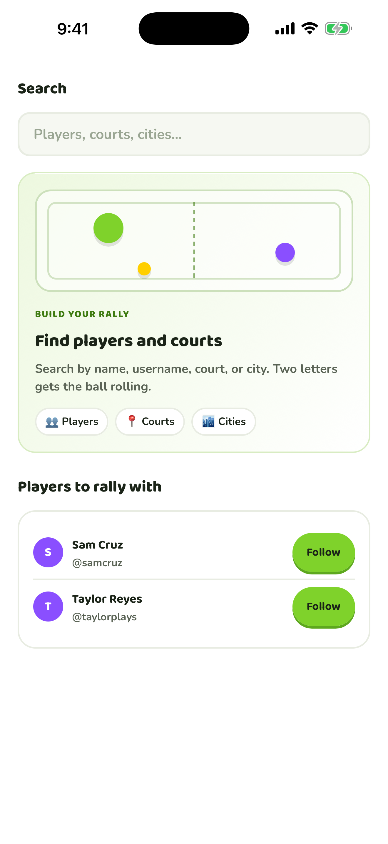 Courtfolio search screen for players courts and cities