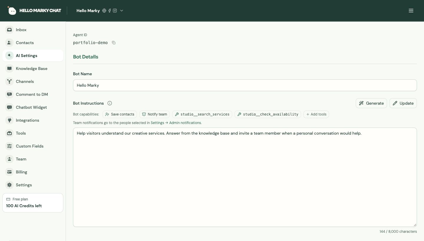Hello Marky Chat AI Settings screen with bot instructions and capabilities