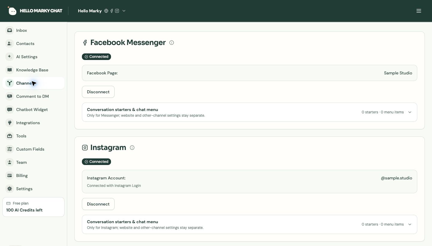 Hello Marky Chat channel connections for Messenger and Instagram