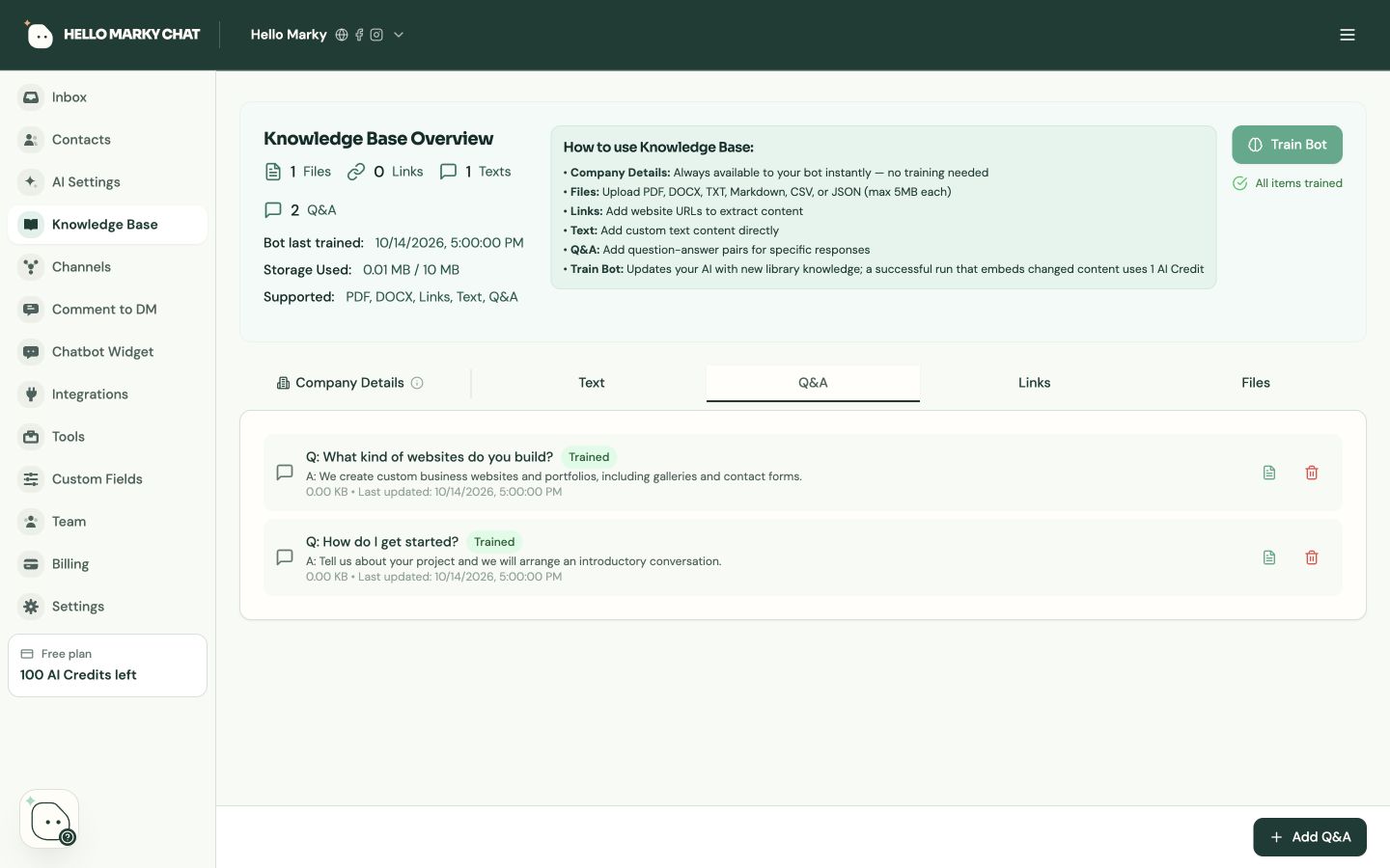 Hello Marky Chat knowledge workspace with sources and question-and-answer library