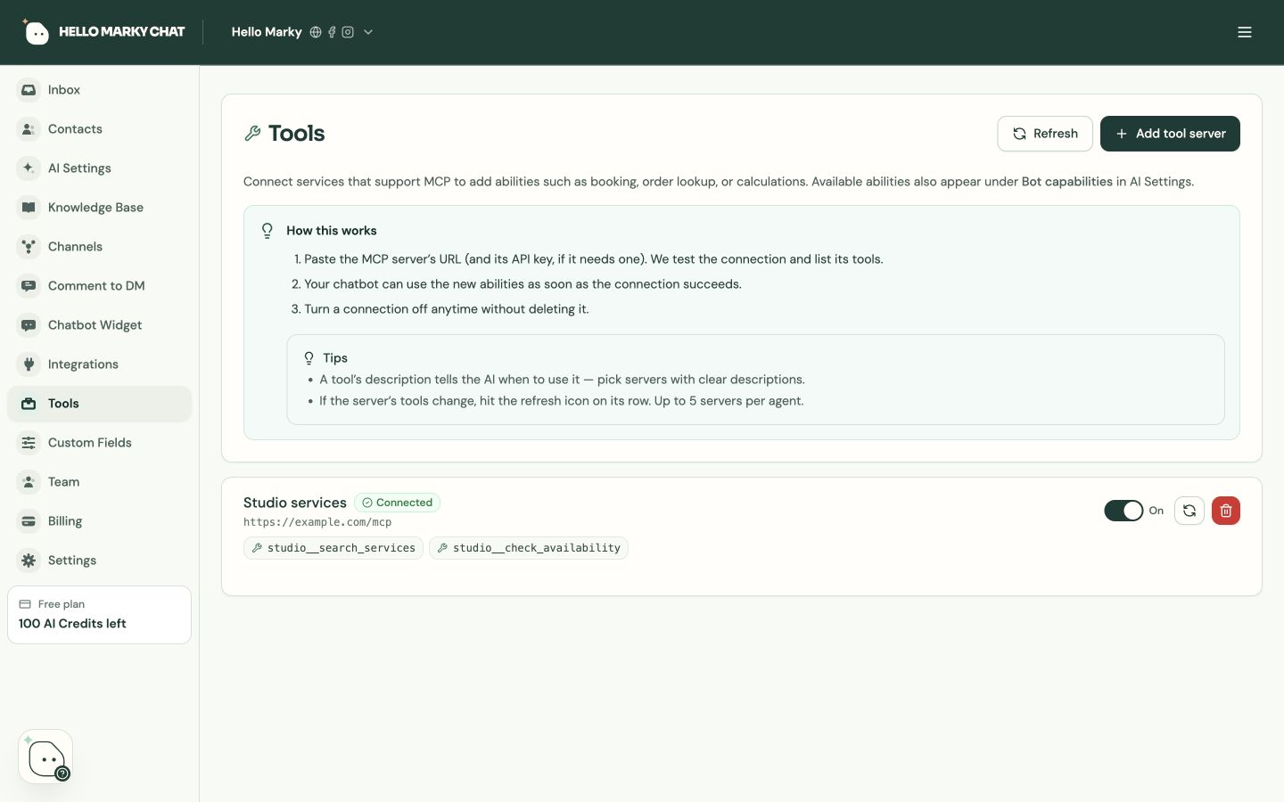 Hello Marky Chat tools workspace with a connected MCP service and available abilities