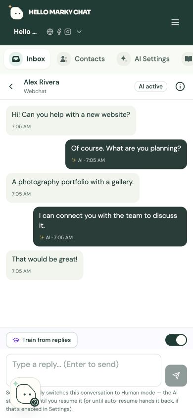 Hello Marky Chat mobile inbox showing a customer conversation