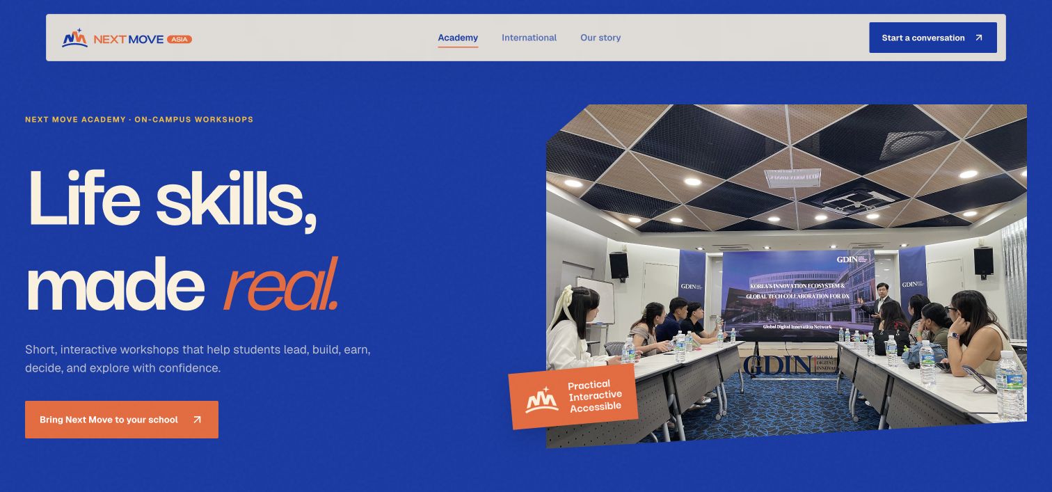 Next Move Asia Academy page showing the complete Life skills made real heading and workshop image