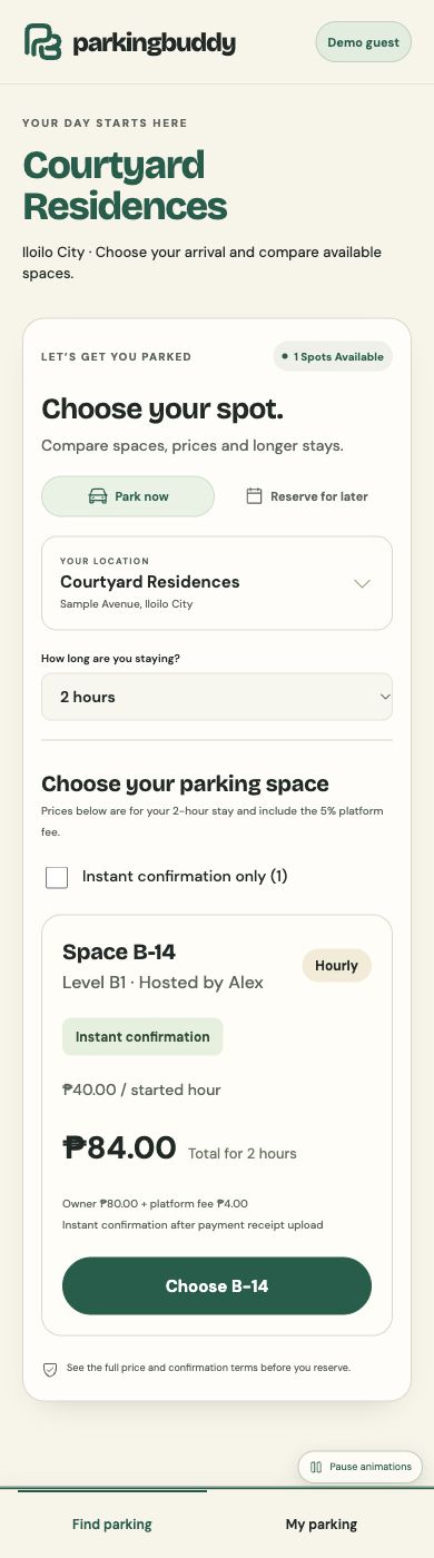 Parking Buddy mobile application showing a parking space and booking details