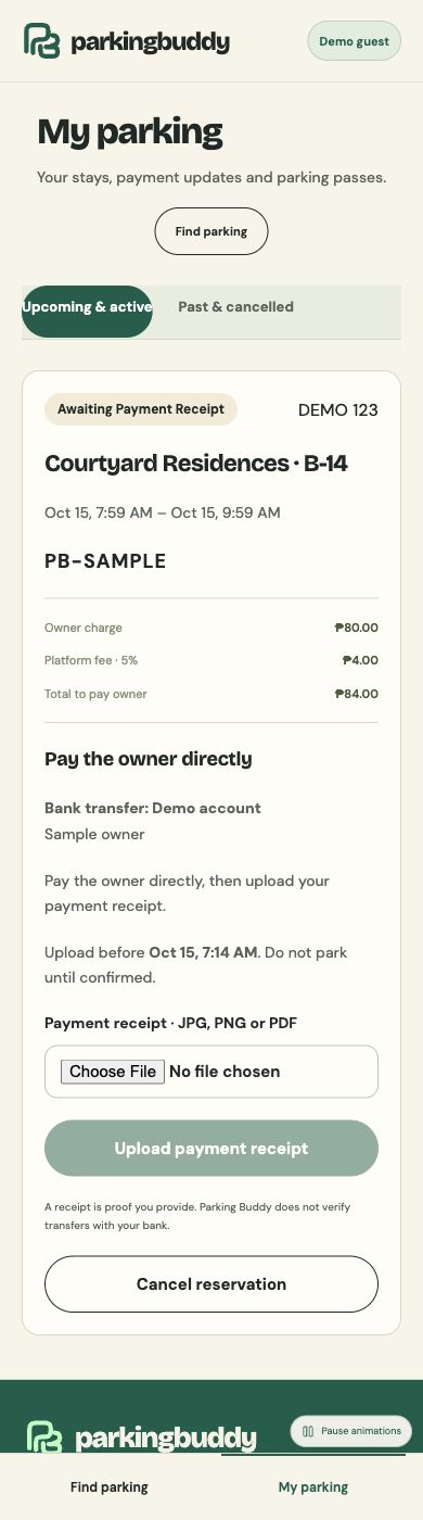 Parking Buddy mobile application with payment instructions and receipt upload