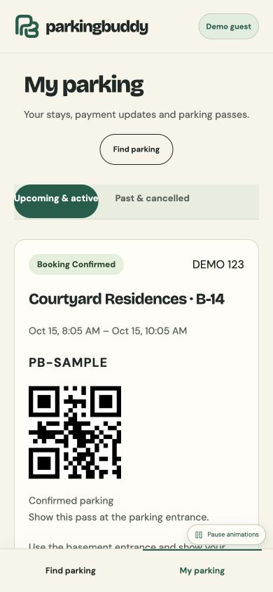 Parking Buddy mobile application showing a confirmed stay and QR parking pass