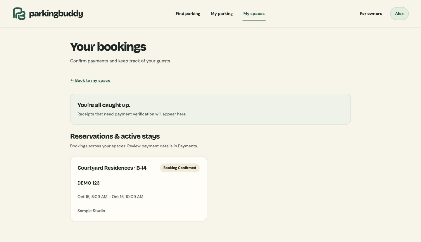 Parking Buddy owner reservations and payment review workspace