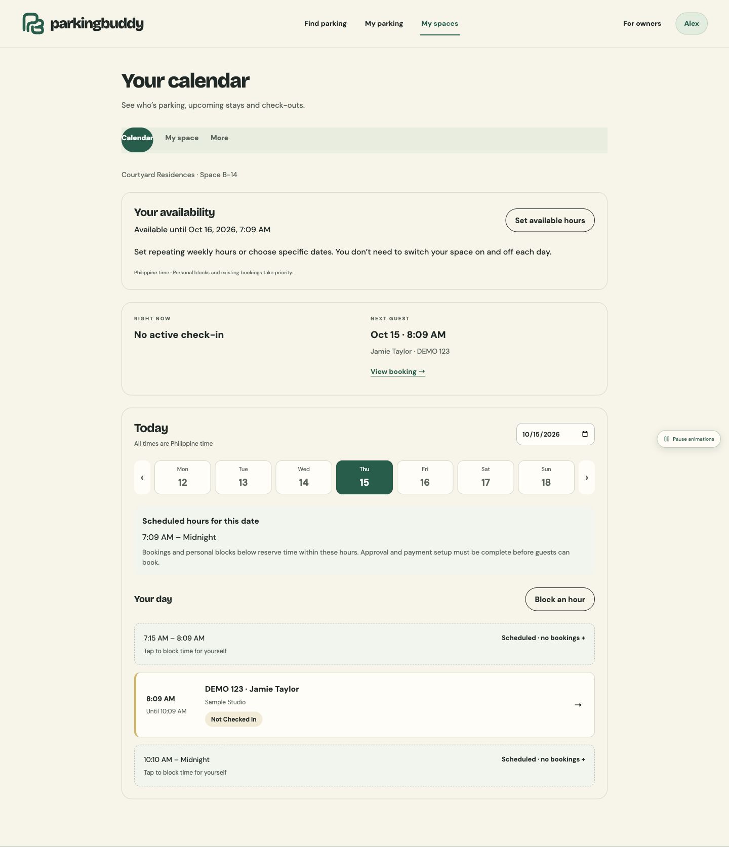 Parking Buddy owner availability calendar with day schedule and upcoming guest