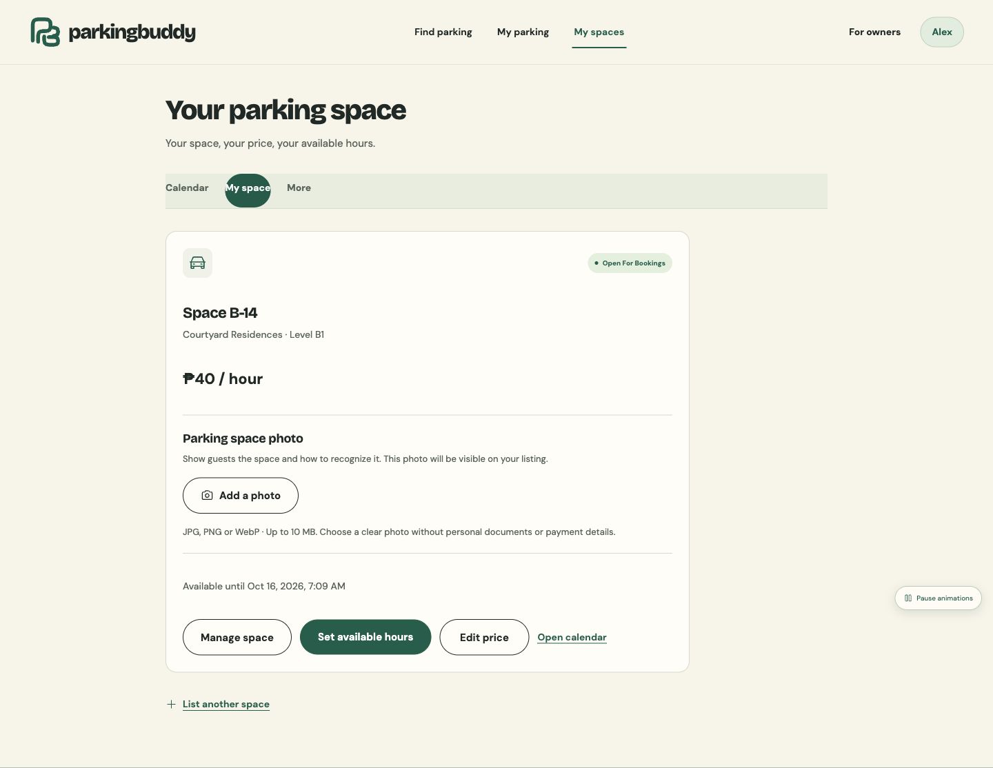 Parking Buddy owner space listing settings