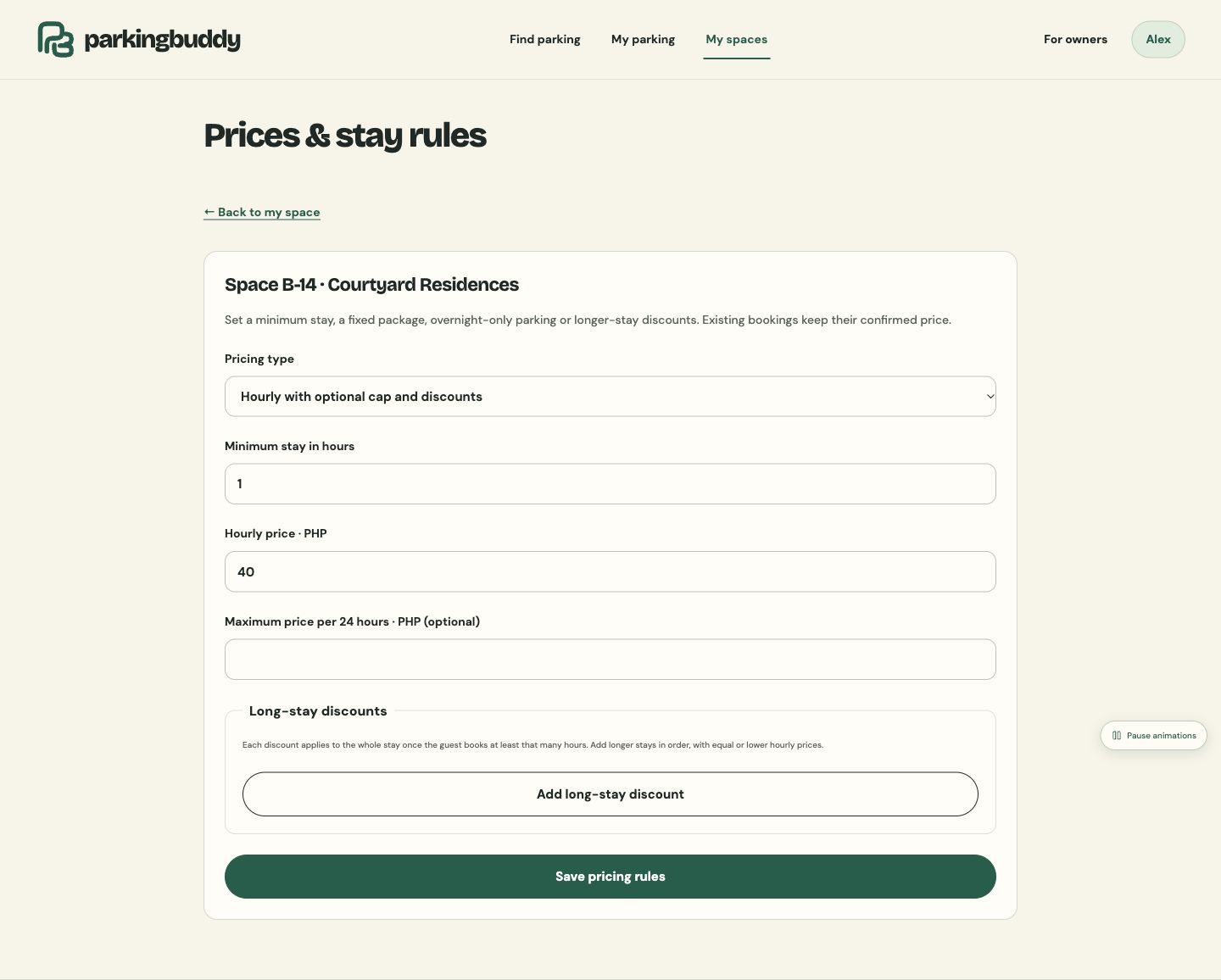 Parking Buddy owner pricing settings with hourly package and overnight options