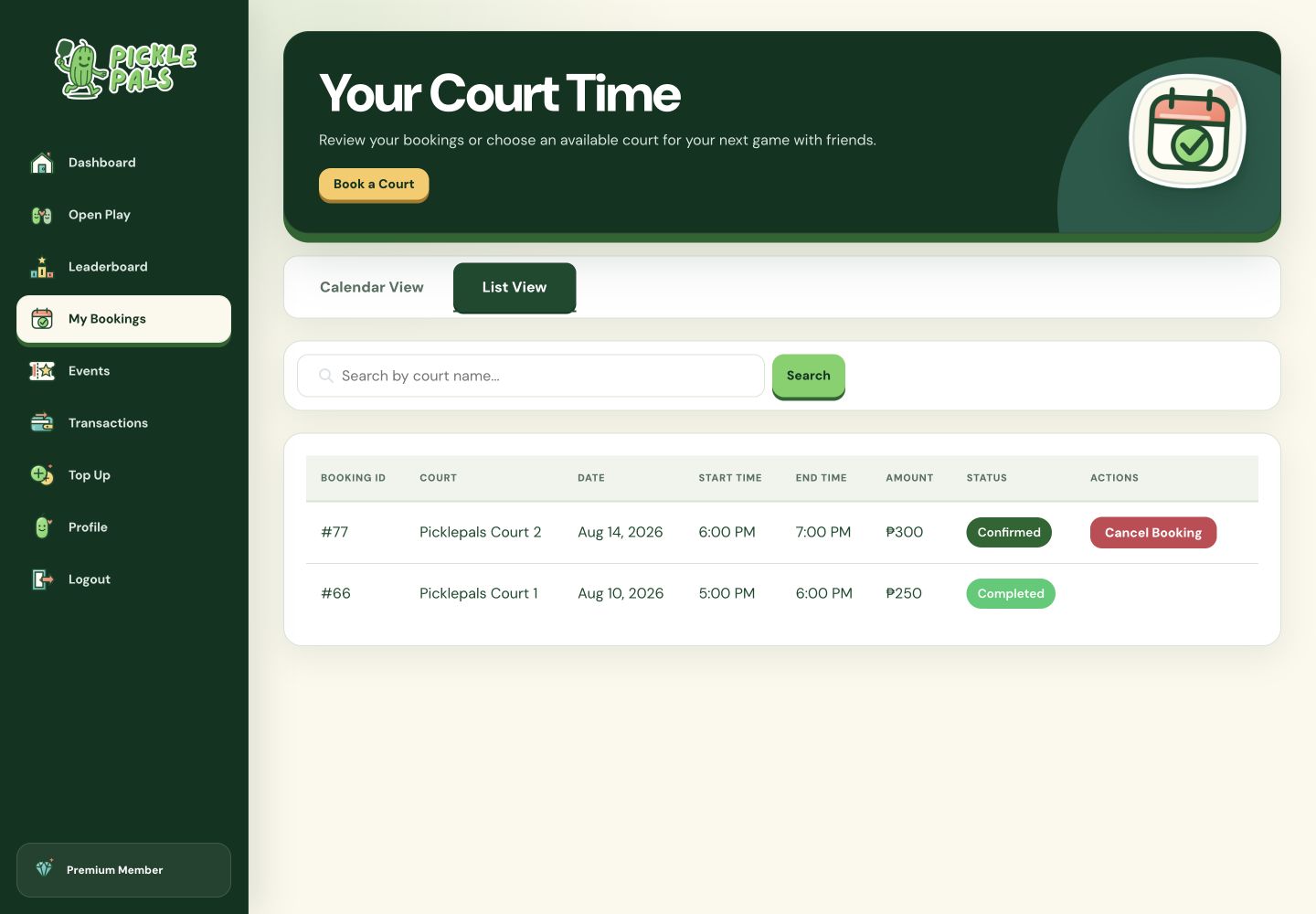 PicklePals member booking history with confirmed and completed court reservations