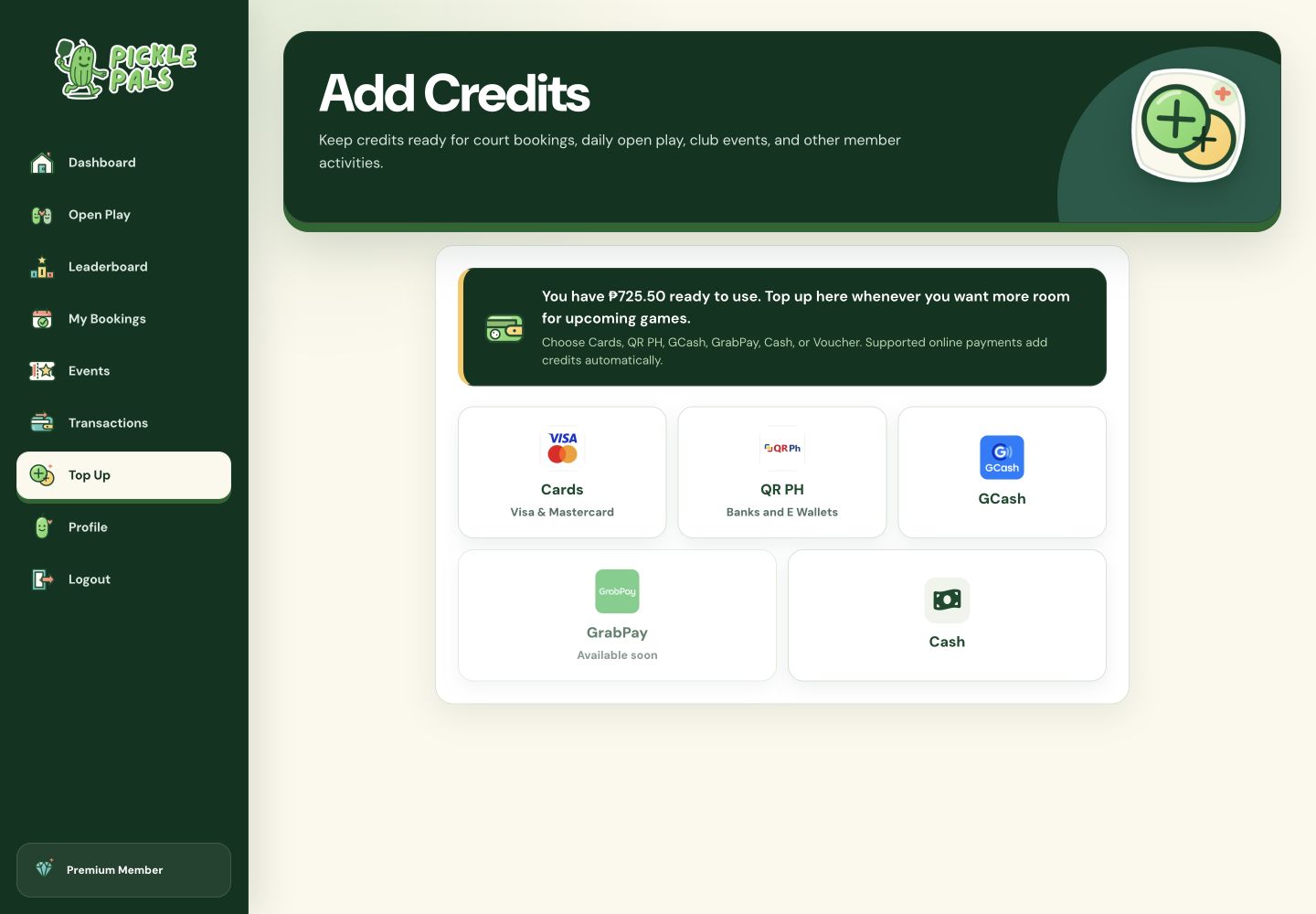 PicklePals credit top-up page with available payment methods
