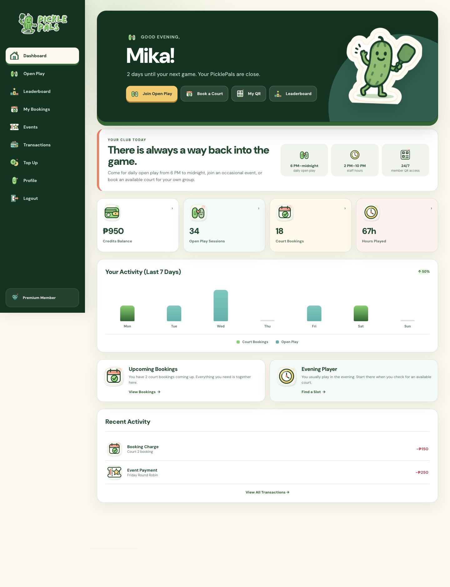 PicklePals member dashboard with activity summary credit balance and booking actions