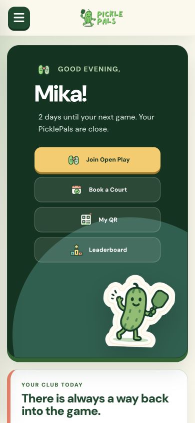PicklePals responsive mobile member dashboard