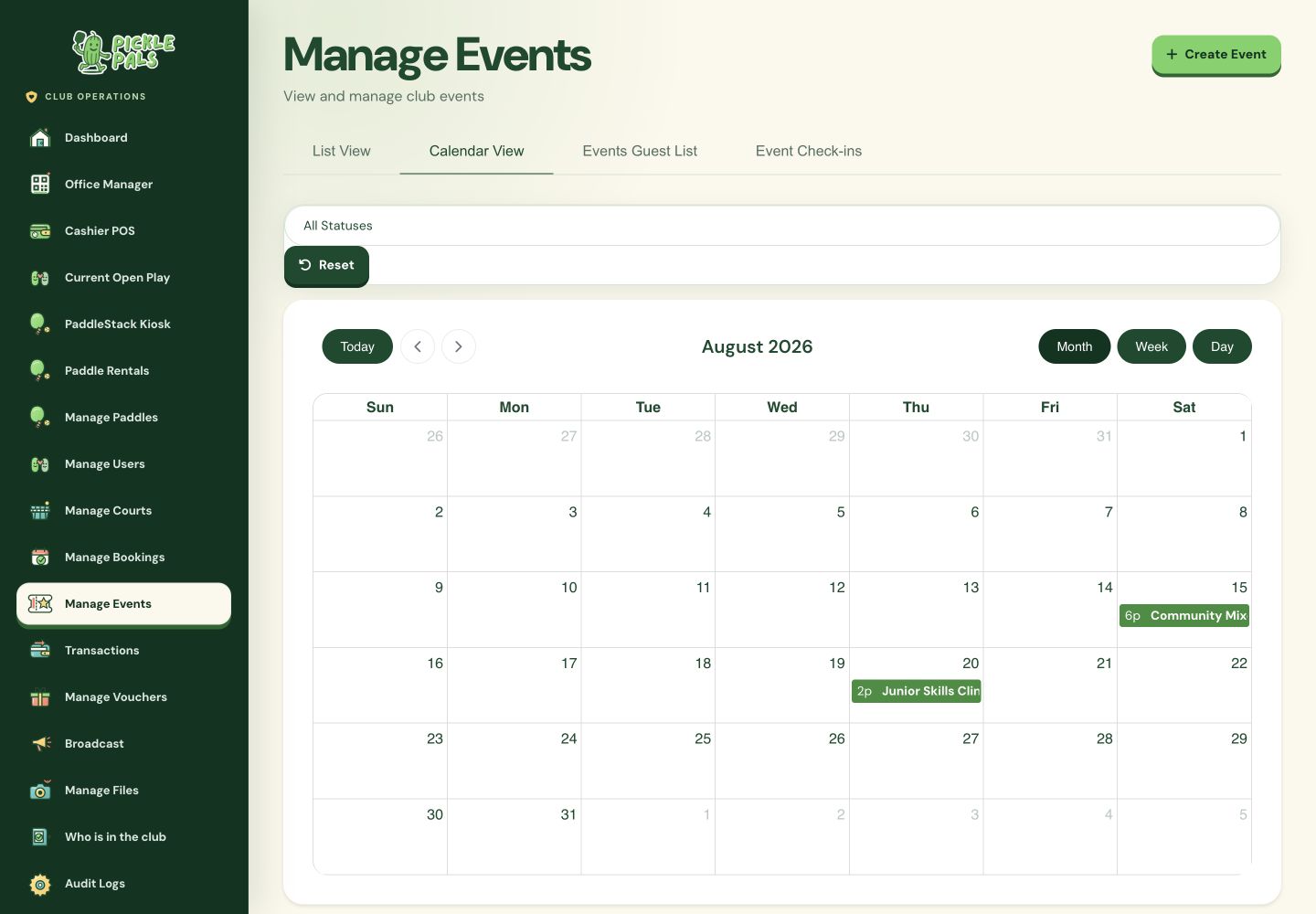 PicklePals staff event management calendar