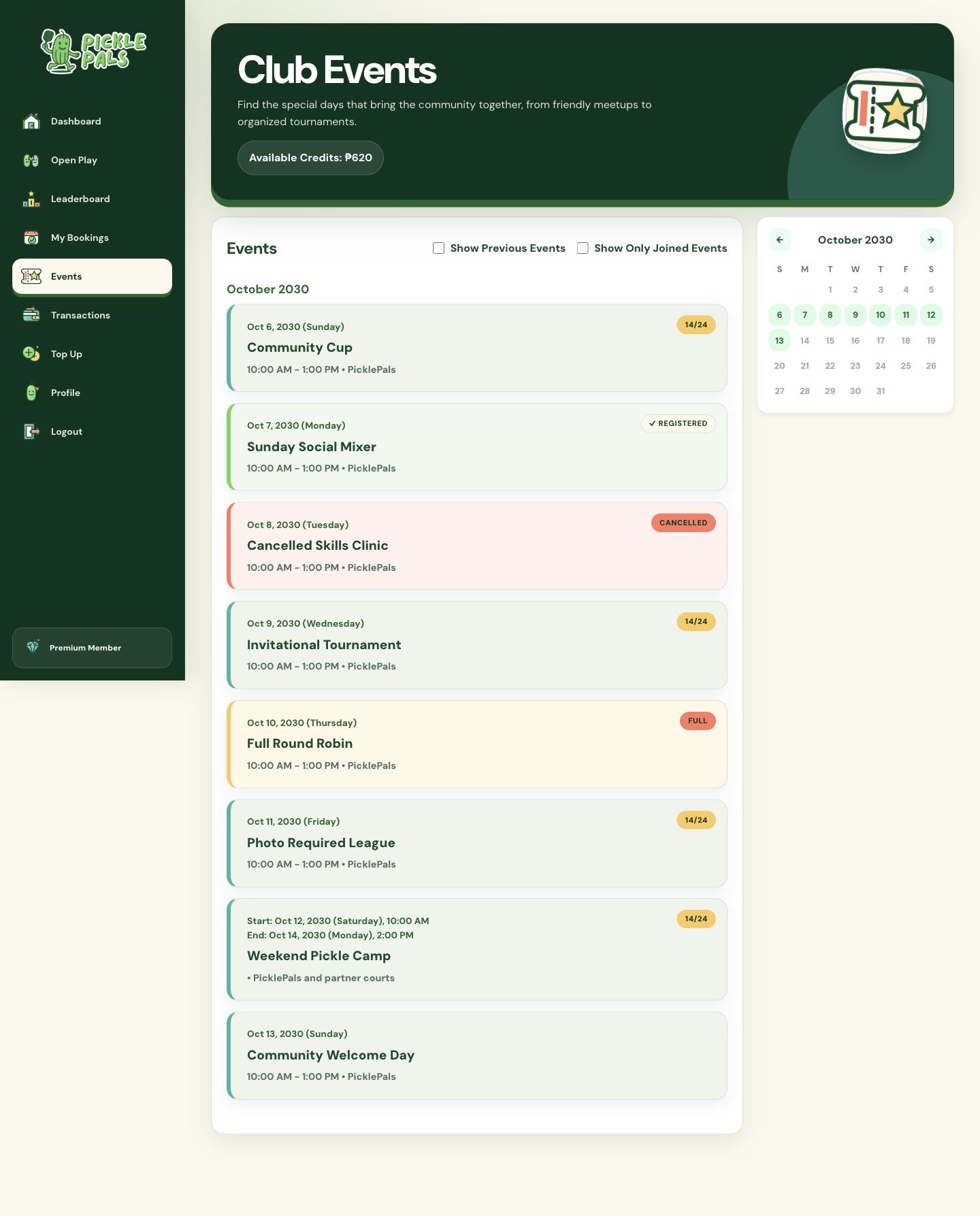 PicklePals club events list with registration statuses and calendar