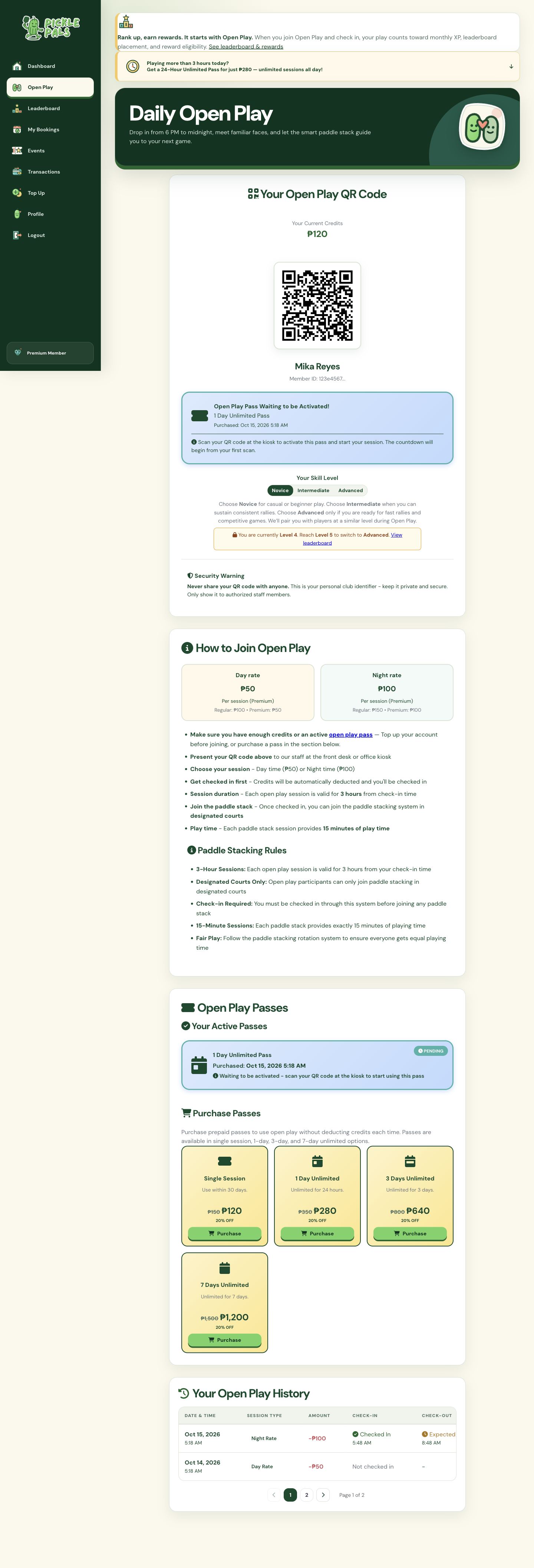 PicklePals daily open-play page with the member QR code and credit balance