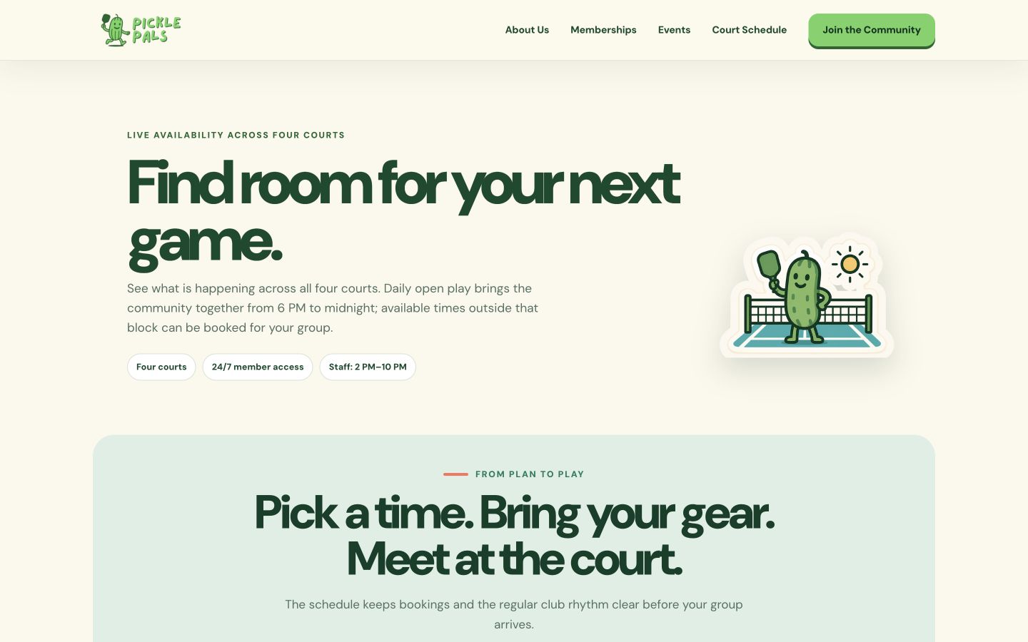 PicklePals website court schedule and open-play page