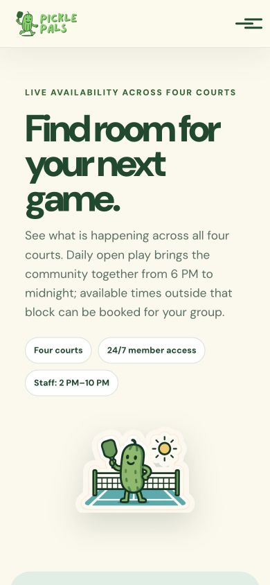 PicklePals court schedule website on a mobile screen