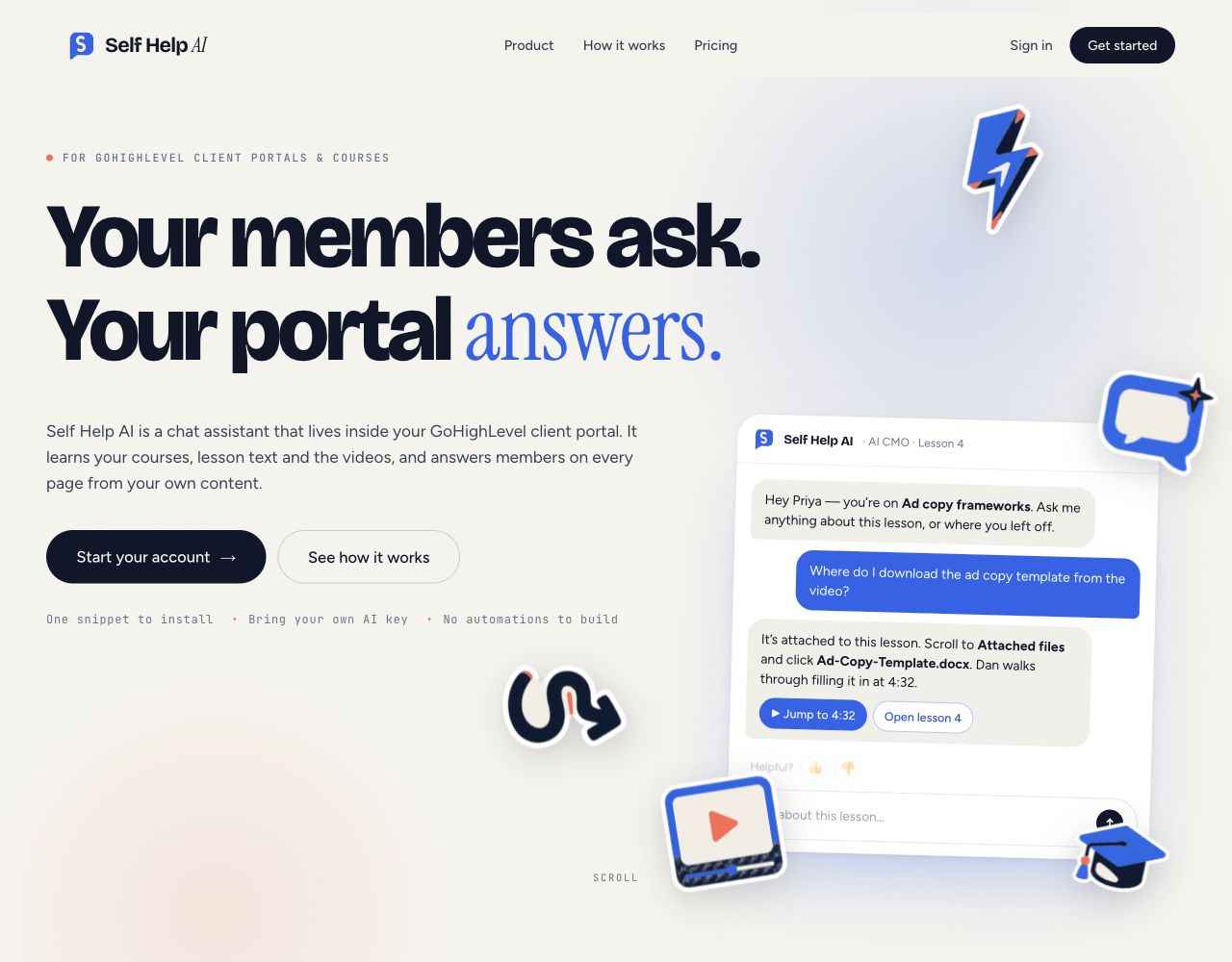 SelfHelp AI website introducing the course and client-portal assistant
