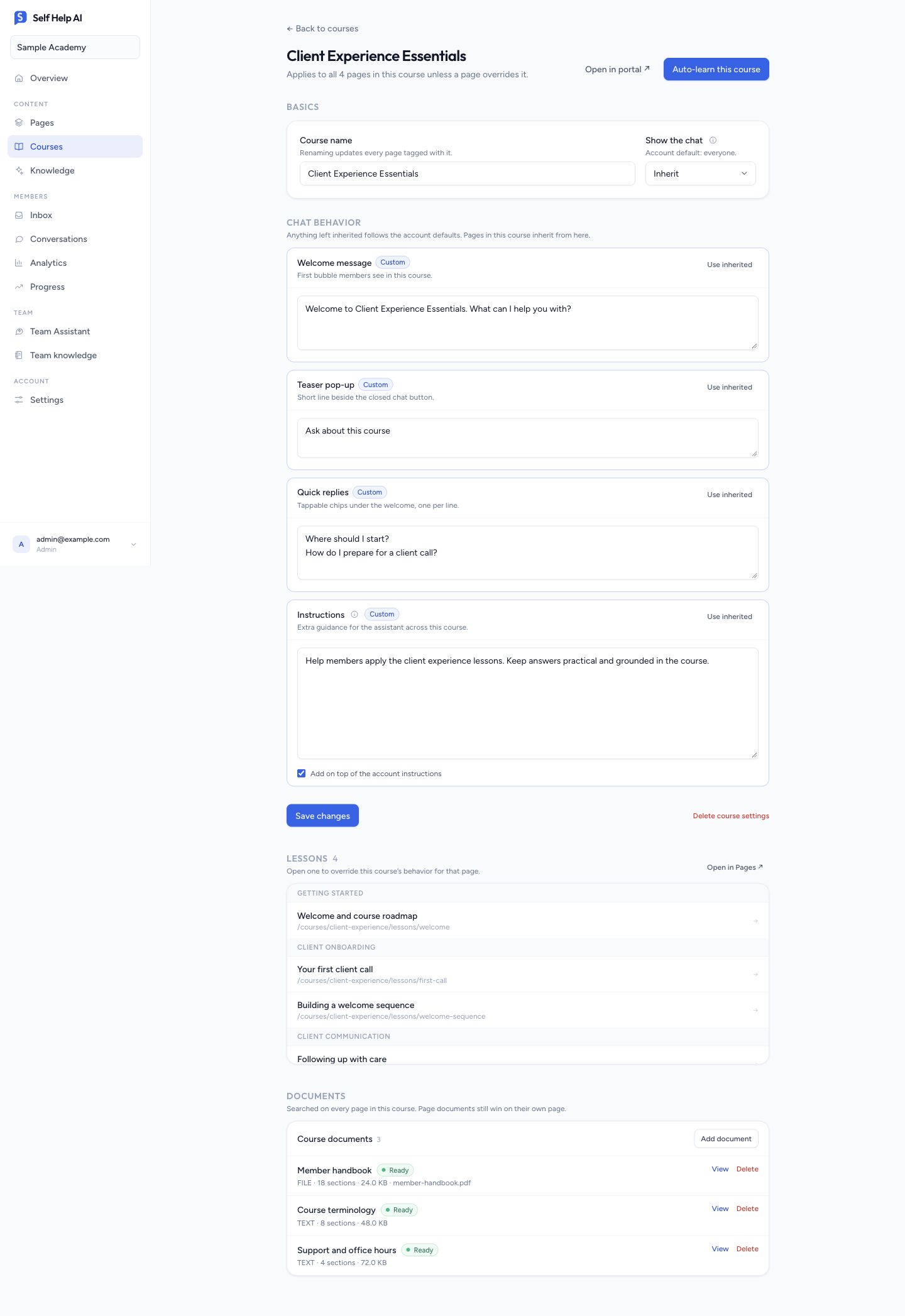 SelfHelp AI course configuration with welcome message, quick replies, instructions, lessons and documents