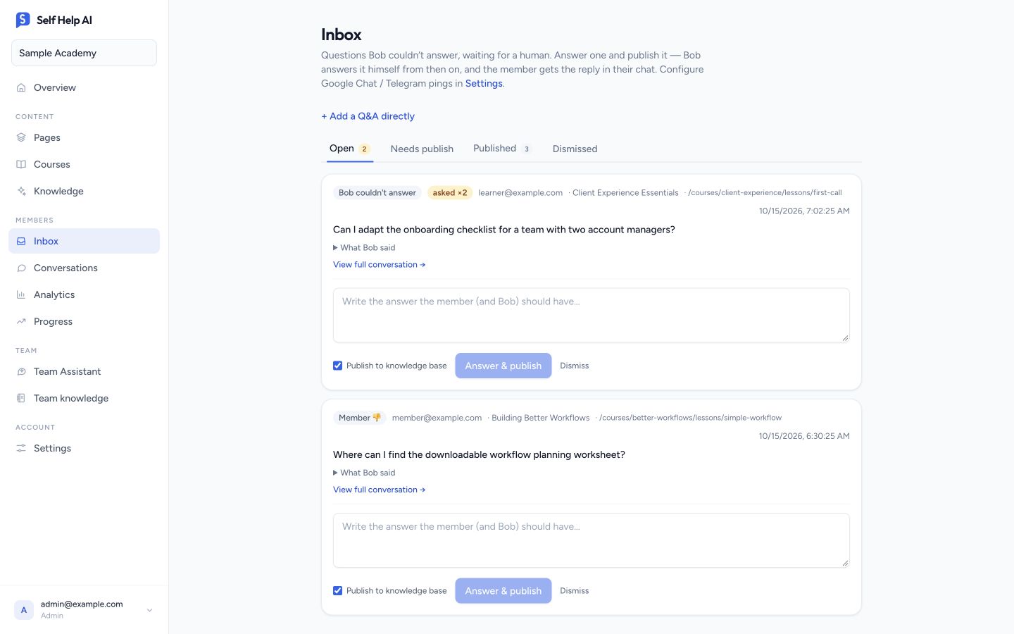 SelfHelp AI inbox of unanswered questions with reply and publication controls