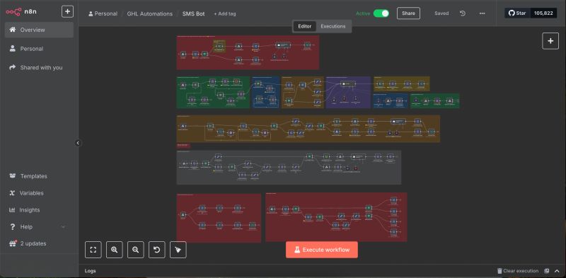 n8n editor showing the SMS Bot workflow arranged into coloured groups of connected automation nodes.